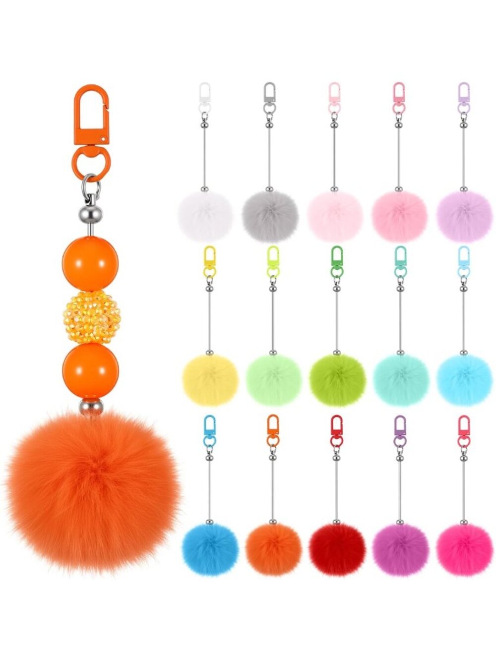 DIY Beadable Keychain Bars with Colorful Pompom Balls - Crafting Kit for Custom